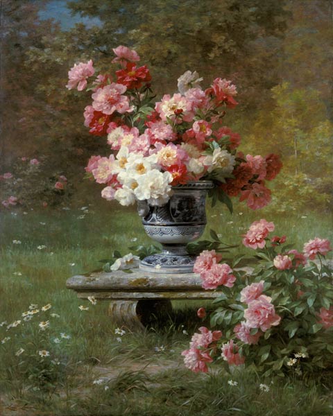 Peonies In An Urn In A Garden à Louis Marie Lemaire