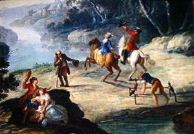 A Hunt with Falcons, Detail of a Rider and a Falconer (oil on canvas)