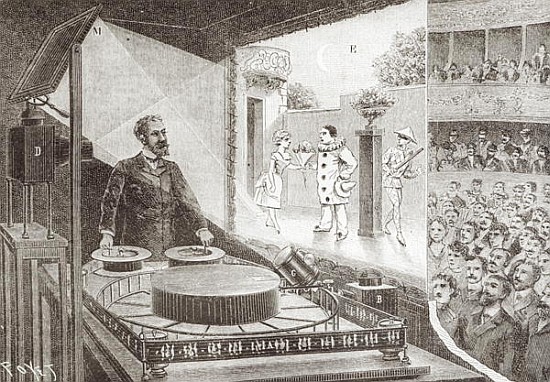 The ''Theatre Optique'' and its inventor Emile Reynaud (1844-1918) with a scene from ''Pauvre Pierro à Louis Poyet