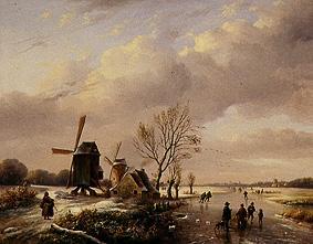 paysage fluvial en hiver avec des patineurs et des moulins à vent à Louis Verwee