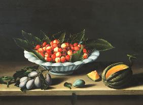 A Bowl of Cherries with Plums and a Melon