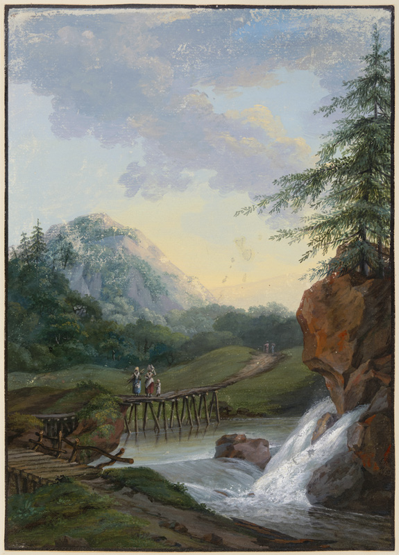 Landschaft mit einem Wasserfall und einem Steg, auf dem zwei Frauen und ein Kind gehen à Louise van Panhuys