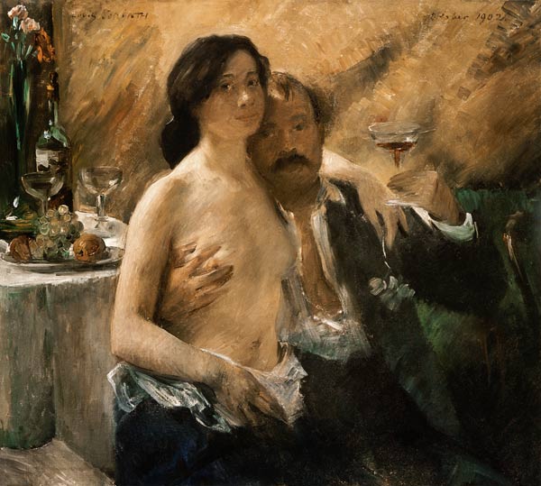 auto-portrait avec sa femme et verre de vin à Lovis Corinth