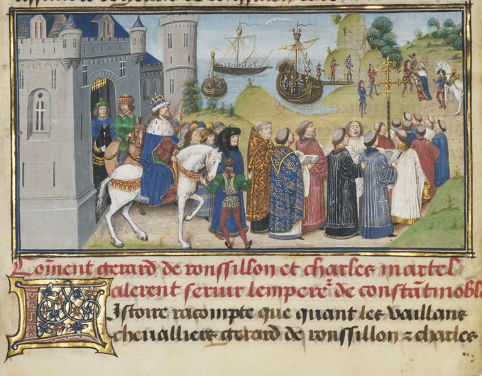 The Byzantine Emperor Welcoming Roussillon and Martel à Loyset Liédet