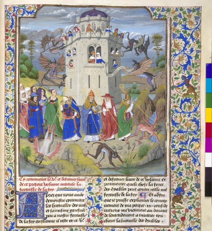 Fortress of Faith (Miniature of the Saints Gregory, Augustine, Jerome, and Ambrose fighting demons) à Loyset Liédet