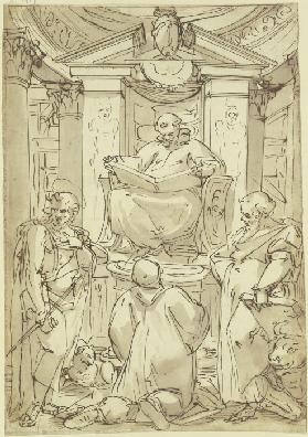 Der Heilige Benedikt (?) mit aufgeschlagenem Buch auf einem Postament vor Aedicula und Kuppelansatz 