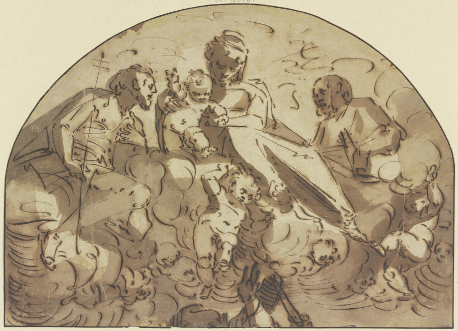 Madonna auf Wolken von Engeln getragen zwischen zwei Heiligen à Luca Cambiaso