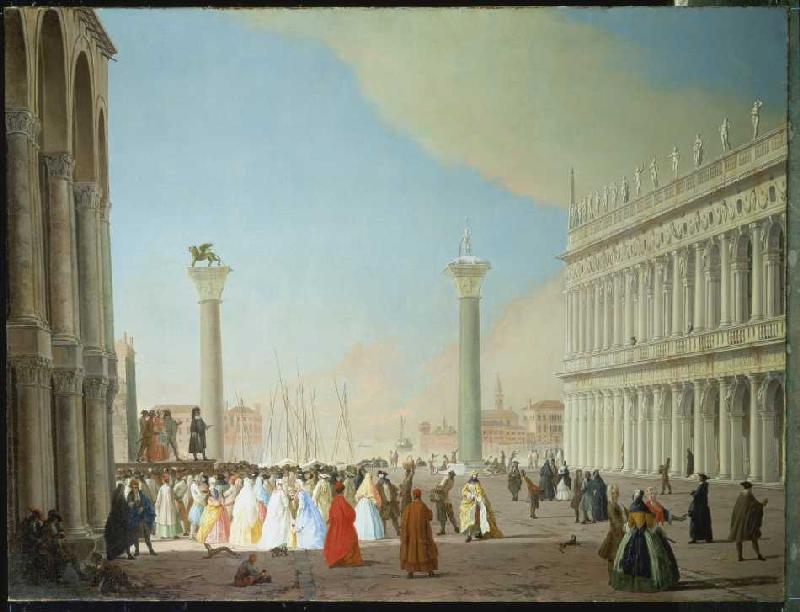 Venise, place Saint Marc avec la foule de fête regardant une représentation de la Commedia-del-Arte à Luca Carlevarijs