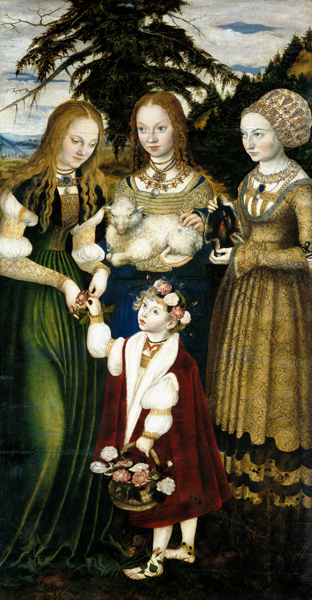 Altarpiece with the Martyrdom of Saint Catharine, left wing: The Saints Dorothea, Agnes and Cunigund à Lucas Cranach l'Ancien