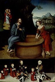 Le Christ et la Samaritaine au puits vers le bas : Image de famille du donateur à Lucas Cranach l'Ancien