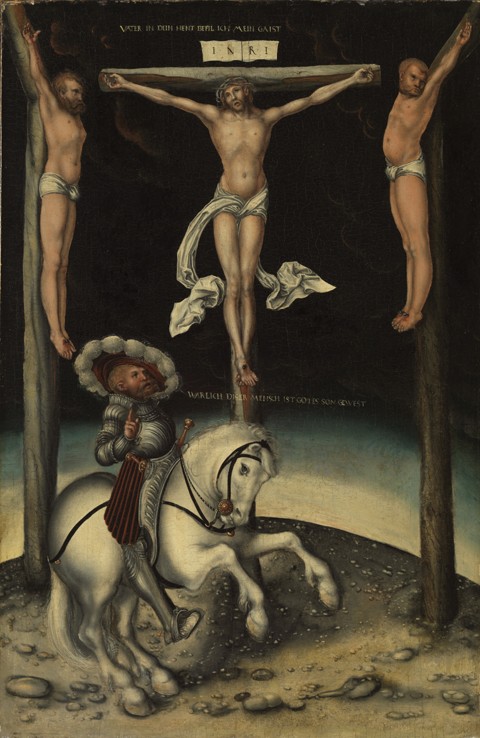 The centurion Longinus among the crosses of Christ and the two thieves à Lucas Cranach l'Ancien