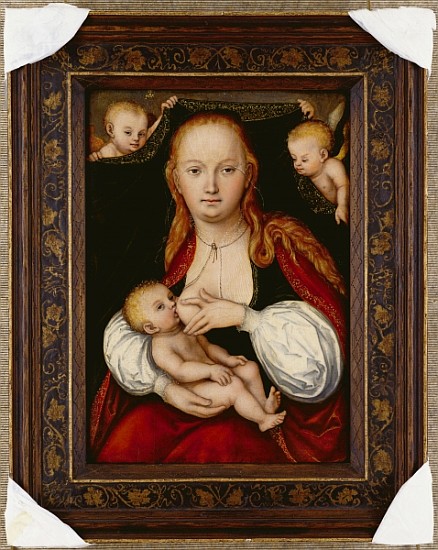 The Virgin and Child, three-quarter length, with putti holding up a curtain behind (oil on limewood  à Lucas Cranach l'Ancien