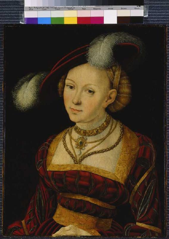 Sainte femme avec le chapeau de plume. à Lucas Cranach l'Ancien
