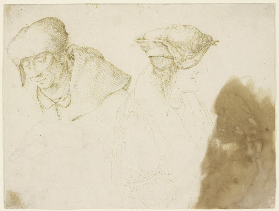 Kopf des Evangelisten Lukas, einer Assistenzfigur der Esther vor Ahasver sowie eines Dritten à Lucas van Leyden