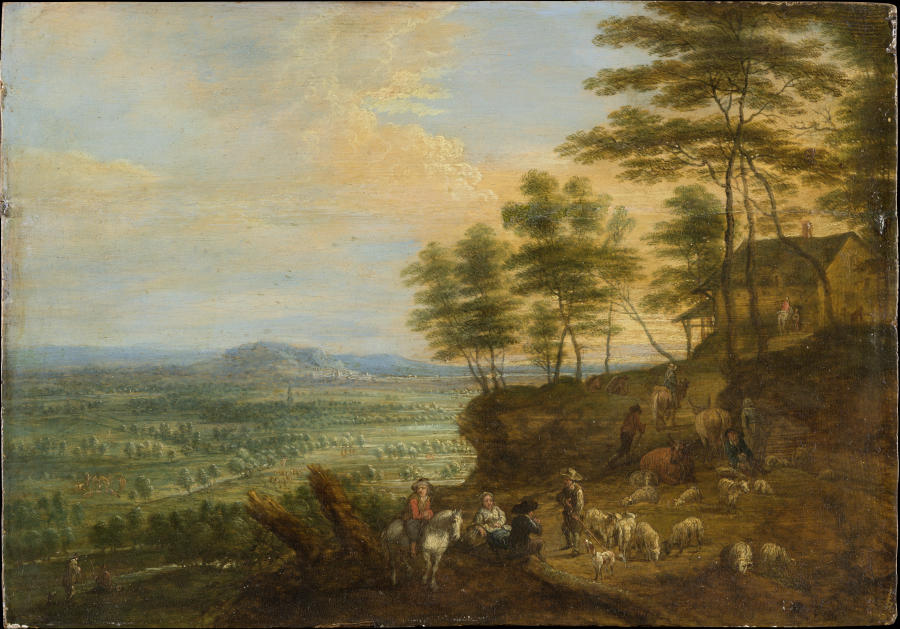 Landscape with Herd of Cattle before a Panoramic View à Lucas van Uden