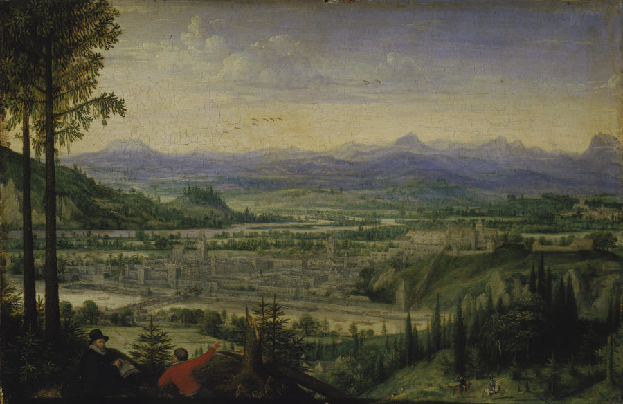 View of Linz with Artist Drawing in the Foreground à Lucas van Valckenborch