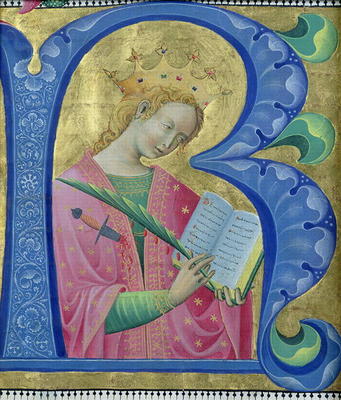 Illuminated initial 'R' depicting St. Catherine of Alexandria, Lombardy School (vellum) à Luchino Belbello