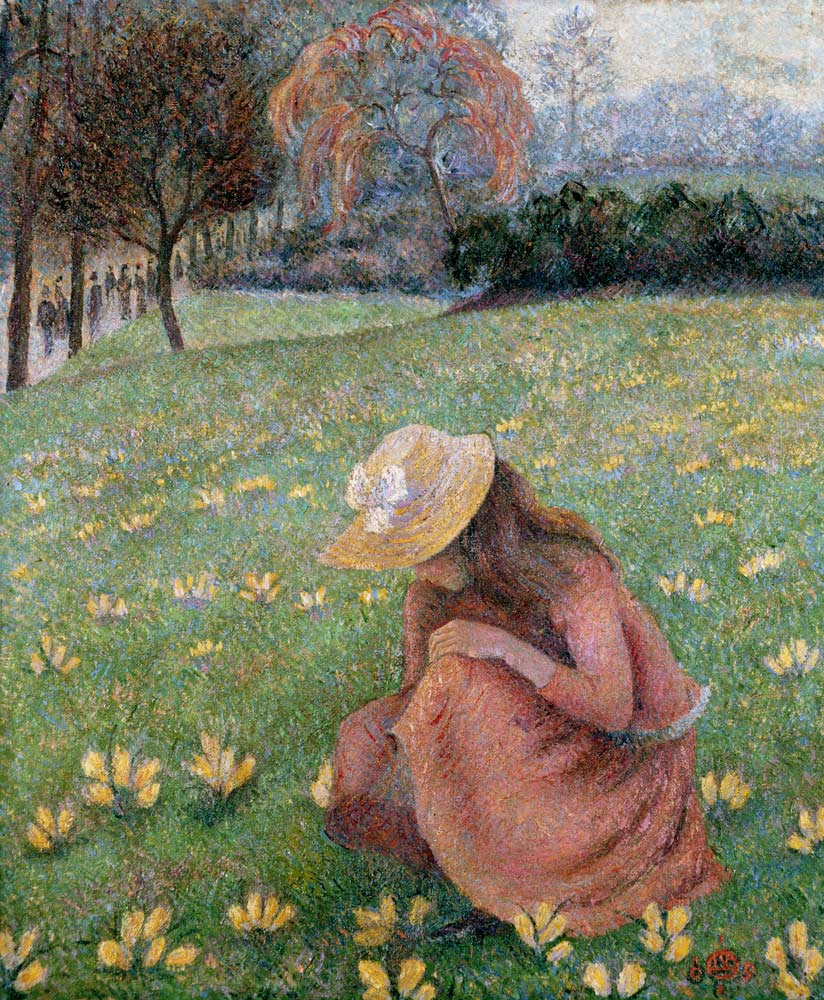 Paysage de printemps avec des crocus fleurissant à Lucien Pissarro