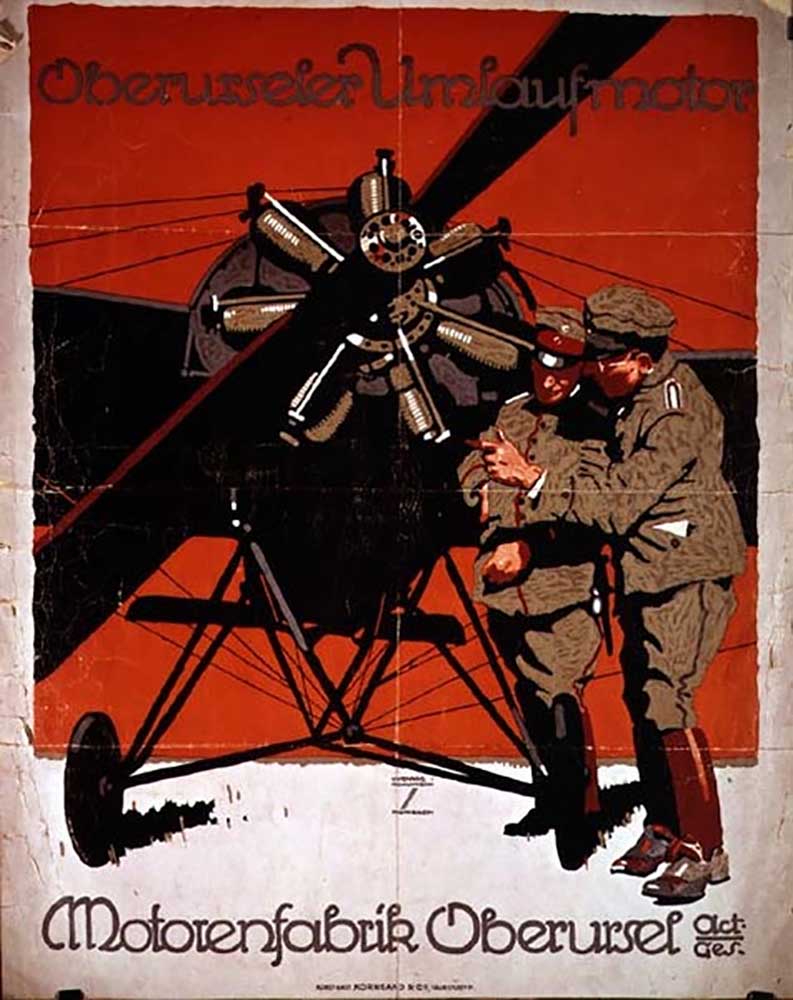 Poster advertising the Oberurseler Umlaufmotor aircraft engine, 1914 à Ludwig Hohlwein