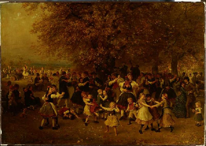 Das Kirchweihfest (Tanz unter den Linden vor einem hessischen Dorf) à Ludwig Knaus