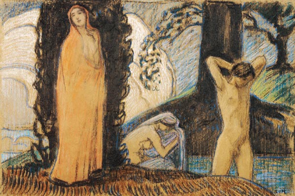 Dekorative Skizze mit zwei Frauen und einem Jüngling à Ludwig von Hofmann