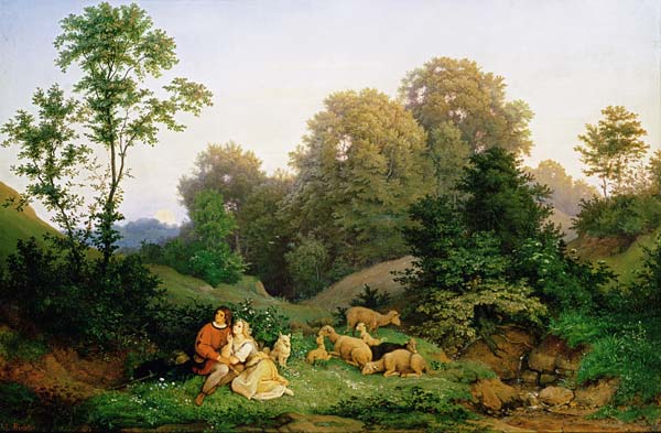 Shepherd and Shepherdess in a German landscape à Ludwig Adrian Richter