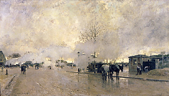 Morgendliche Pariser Straße mit Dampfwolken à Luigi Loir
