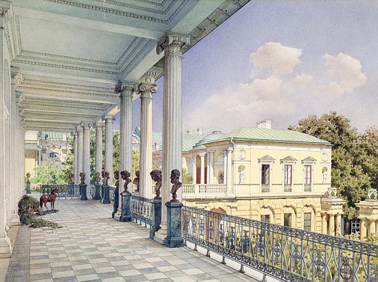 The Cameron Gallery at Tsarskoye Selo, 1859 (w/c & white colour on paper) à Luigi (Ludwig Osipovich) Premazzi