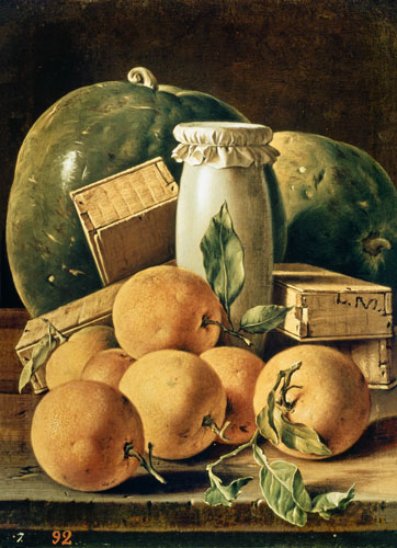 Still Life of Oranges, Watermelon, a Pot and Boxes of Cake à Luis Melendez