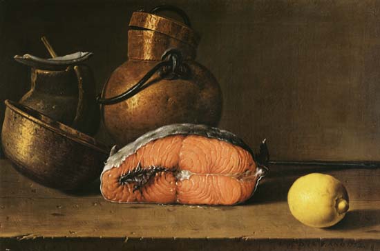 Still Life with a Piece of Salmon, a Lemon and Kitchen Utensils à Luis Melendez