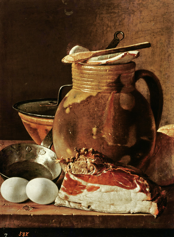 Still Life with ham, eggs, bread, frying pan and pitcher à Luis Egidio Melendez