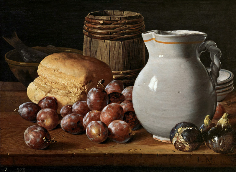 Still life with plums, figs, bread and jug à Luis Egidio Melendez
