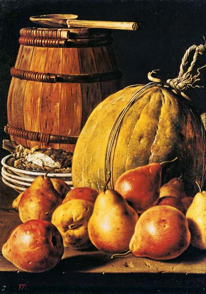 Still Life with pears, melon and barrel for marinading à Luis Egidio Melendez