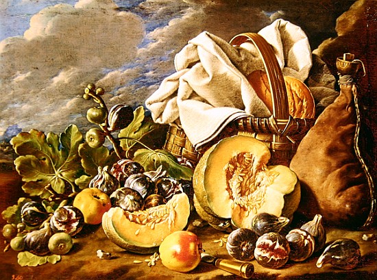 Still Life with figs, wicker basket, pumpkin, bread, wine skin and knife à Luis Egidio Melendez