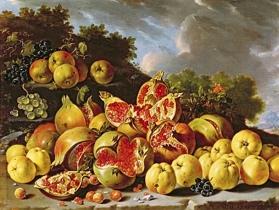 Still Life with pomegranates, apples, cherries and grapes à Luis Egidio Melendez