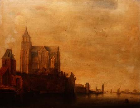 Groote Kerk with a View of the Main Tower, Emmerich in a River Landscape with Sailing Boats à Maerten Fransz van der Hulst