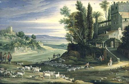 Landscape with Shepherds and the Supper at Emmaus à Maerten Ryckaert