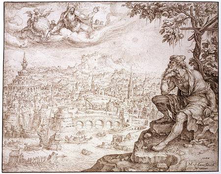 Jonah, Seated Under the Gourd, Contemplates the City of Nineveh à Maerten van Heemskerck