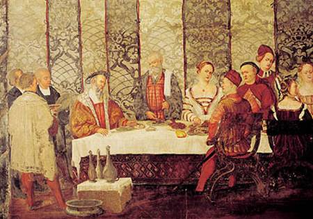 Banquet Given by Bartolomeo Colleoni (1400-75) for Christian I (1426-81) of Denmark  (detail) à Marcello Fogolino
