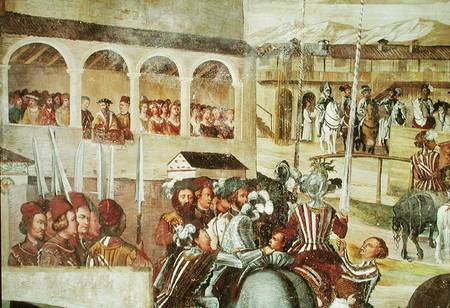 Tournament in Honour of Christian I (1426-81) of Denmark at Castello di Malpaga, detail from the lef à Marcello Fogolino