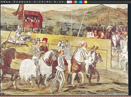 Tournament in Honour of Christian I (1426-81) of Denmark at Castello di Malpaga, detail from the rig à Marcello Fogolino
