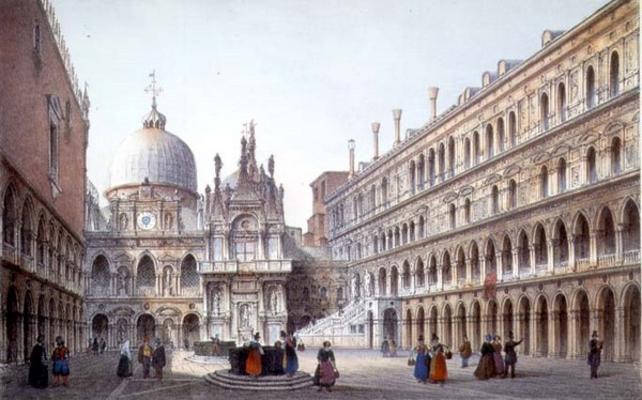 The Courtyard of Palazzo Ducale, Venice, engraved by Brizeghel (litho) à Marco Moro