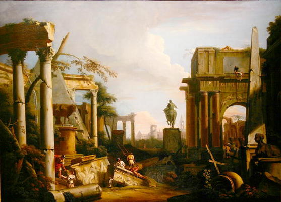Landscape with Classical Ruins and Figures (oil on canvas) à Marco Ricci