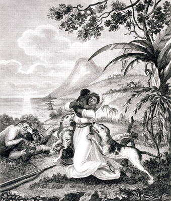 Blood Hounds attacking a Black Family in the Woods, from 'An Historical Account of the Black Empire à Marcus Rainsford