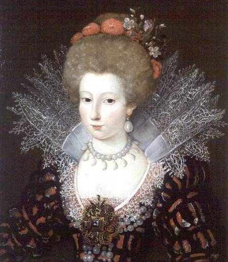 Portrait of a lady in a high lace collar and jewelled silk costume à Marguerite Bunel