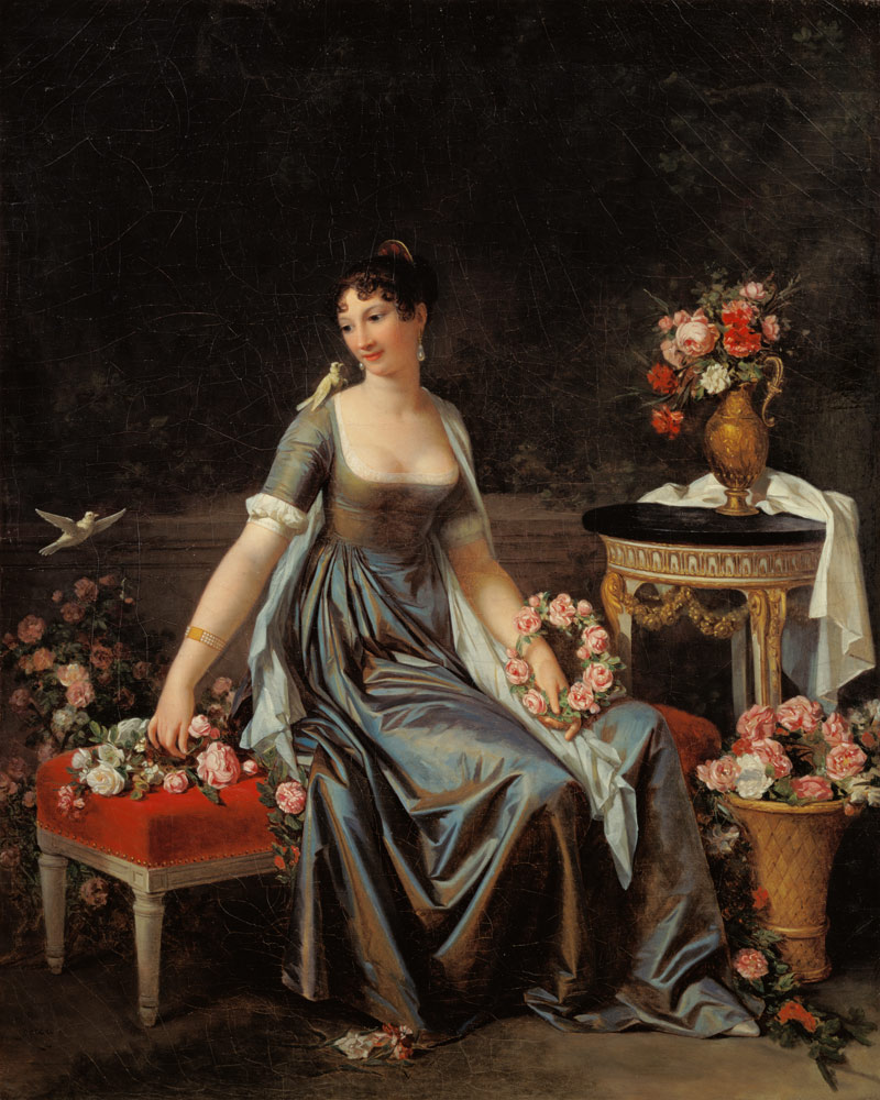 portrait d'une dame, entouré des fleurs et des oiseaux à Marguerite Gérard