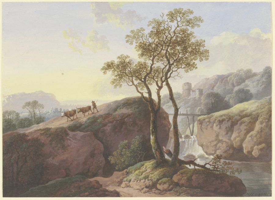 Landschaft mit einem Wasserfall, über den ein Steg führt, links treibt ein Bauer zwei Kühe zu Tal, i à Maria Dorothea Wagner