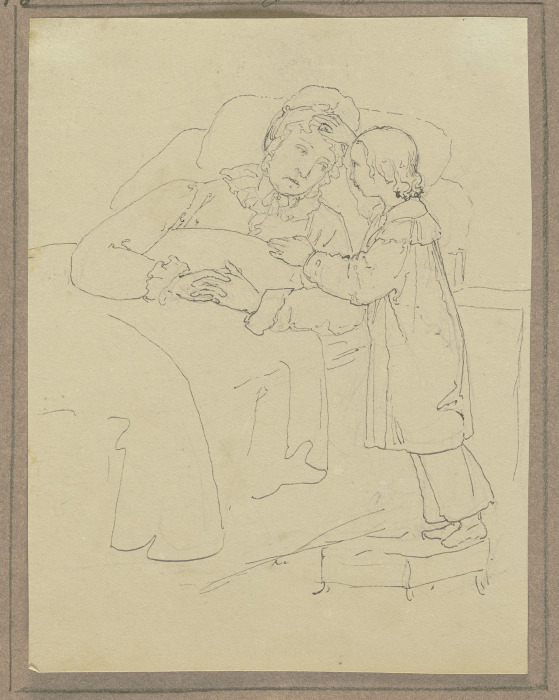 Mutter im Bett liegend, mit dem vor ihr stehenden Kind sprechend à Marie Ellenrieder