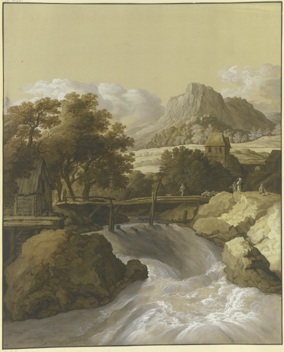 Ein reißender Bach mit einer Brücke und Blick in ein Tal à Maria Katharina Prestel