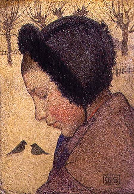 Head of a Young Girl in a Fur Hat (oil and gesso on board) à Marianne Stokes